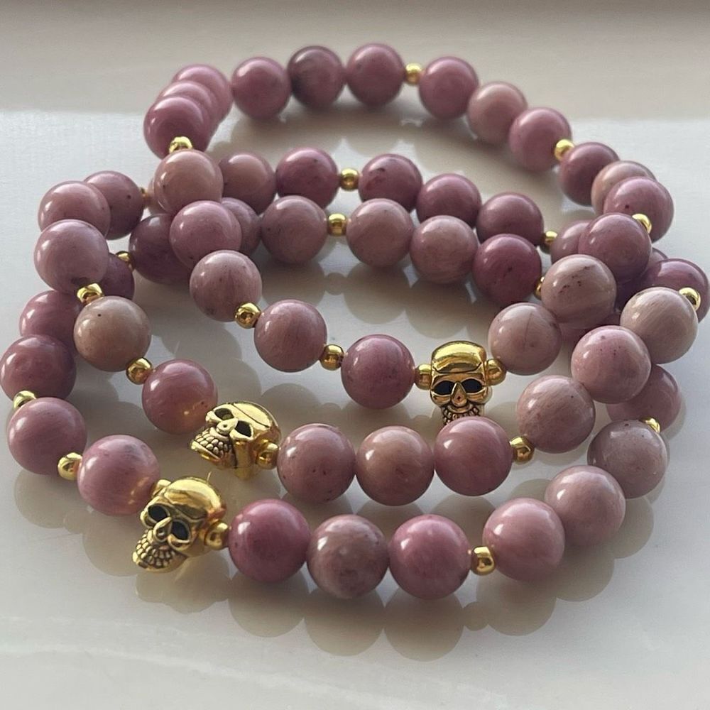 Rhodonite skull gold tone ONE stretch bracelet NEW crystal meditation yoga stone - Picture 2 of 7